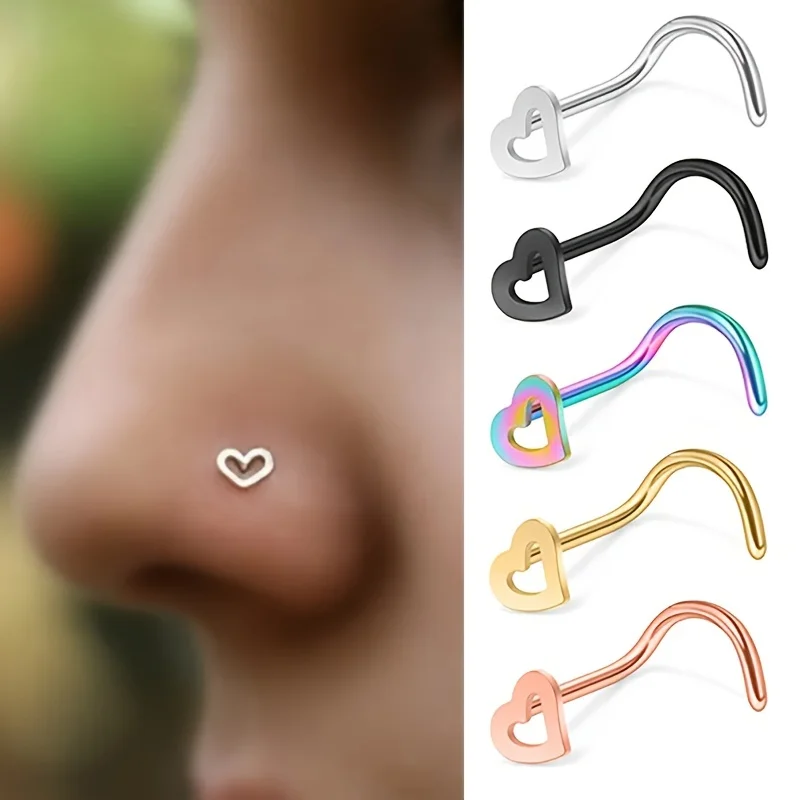 Nostril Screw Pin - 5pcs Hollow Heart Nose Stud Set